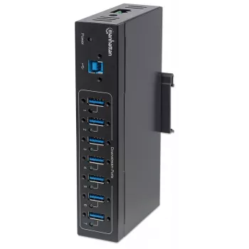 Manhattan USB-A 7-porttinen keskitin Industrial, 7x USB-A-porttia, 5 Gbps (USB 3.2 Gen1 eli USB 3.0), 20 kV ESD-suoja, A/C, väylä- ja riviliitinvirtalähdevaihtoehdot, DIN-kisko, seinäasennettava, metallikotelo, ruuvilukitus