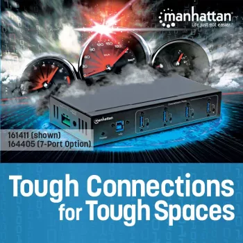 Manhattan USB-A 7-porttinen keskitin Industrial, 7x USB-A-porttia, 5 Gbps (USB 3.2 Gen1 eli USB 3.0), 20 kV ESD-suoja, A/C, väylä- ja riviliitinvirtalähdevaihtoehdot, DIN-kisko, seinäasennettava, metallikotelo, ruuvilukitus