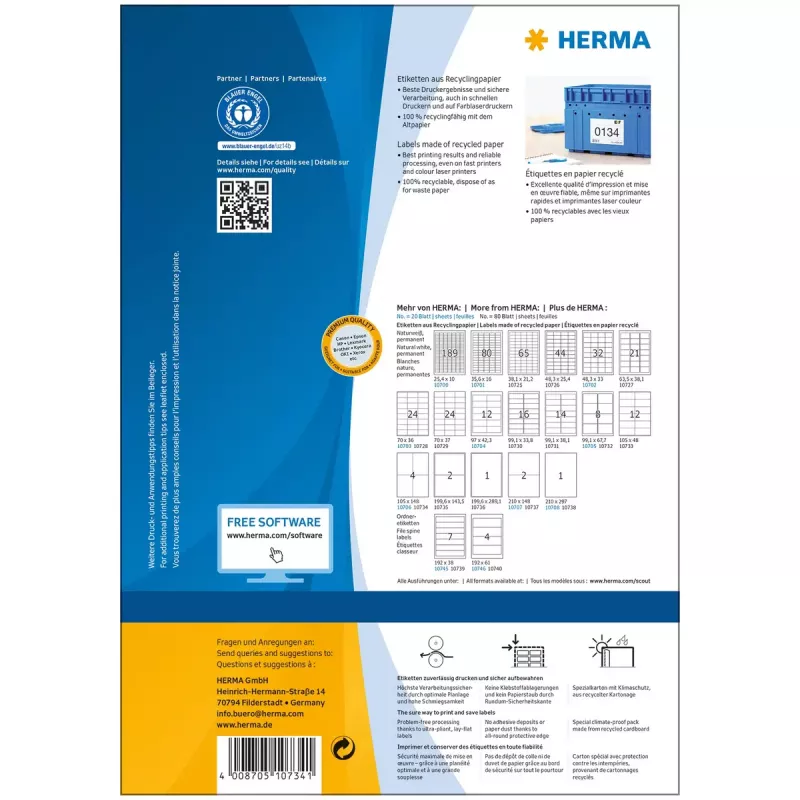Itseliimautuvat tulostustarrat HERMA 10734 valkoinen 10,5x14,8 cm 320 tarraa