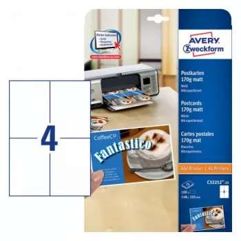 Avery Zweckform C32252-25 kaksipuolisesti tulostettavat rei'itetyt postikortit, 148 x 105 mm, 170 g/m², mattavalkoinen, 100 korttia