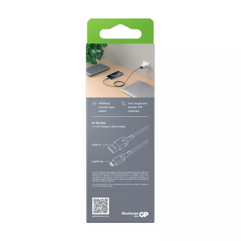Kaapeli GP Batteries CL1N 1m Lightning - USB A 12W 2,4A