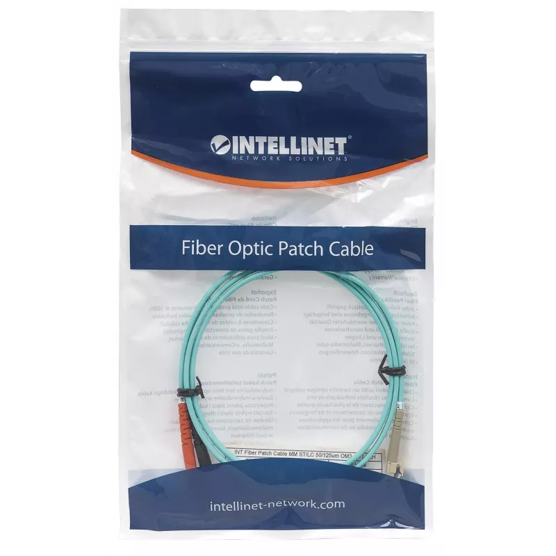 Intellinet kuitu-kaapeli, OM3, ST/LC, 2 m, aqua, duplex, multimode, 50/125 µm, LSZH, kuitu, elinikäinen takuu