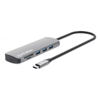 Manhattan USB-C-telakka/keskitin kortinlukijalla, liitännät (x7): Ethernet, HDMI, USB-A (x3) ja USB-C (x2), Power Delivery (PD) 100 W – vaatii ulkoisen USB-C-laturin (ei sisälly toimitukseen). USB-virralla toimiva (ulkoista virtalähdettä ei tarvita), kun PD:tä ei käytetä.