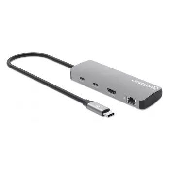 Manhattan USB-C-telakka/keskitin kortinlukijalla, liitännät (x7): Ethernet, HDMI, USB-A (x3) ja USB-C (x2), Power Delivery (PD) 100 W – vaatii ulkoisen USB-C-laturin (ei sisälly toimitukseen). USB-virralla toimiva (ulkoista virtalähdettä ei tarvita), kun PD:tä ei käytetä.