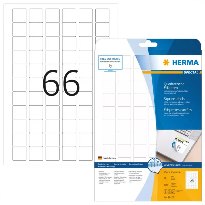 Itseliimautuvat tarrat HERMA Removable A4 25,4x25,4 mm 1650 kpl