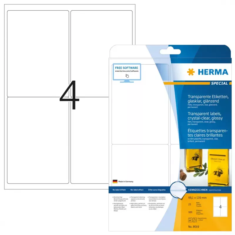Itseliimautuva tulostustarra HERMA Labels läpinäkyvä kristallinkirkas A4 99,1 x 139 mm
