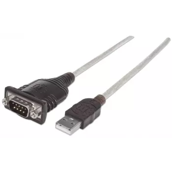 Manhattan USB-A-sarjaporttisovitin, 1,8 m, uros-uros, sarja/RS232/COM/DB9, Prolific PL-2303RA-piiri, musta/hopeinen kaapeli, kolmen vuoden takuu