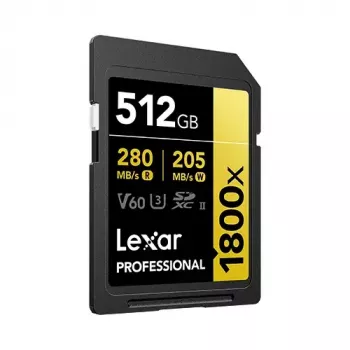 Lexar Professional 1800x 512 GB UHS-II SDXC -kortti (GOLD-sarja), jopa 280 MB/s luku, 205 MB/s kirjoitus, V60, U3, luokka 10, DSLR/peilittömille kameroille