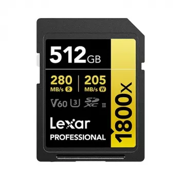 Lexar Professional 1800x 512 GB UHS-II SDXC -kortti (GOLD-sarja), jopa 280 MB/s luku, 205 MB/s kirjoitus, V60, U3, luokka 10, DSLR/peilittömille kameroille