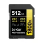 Lexar Professional 1800x 512 GB UHS-II SDXC -kortti (GOLD-sarja), jopa 280 MB/s luku, 205 MB/s kirjoitus, V60, U3, luokka 10, DSLR/peilittömille kameroille