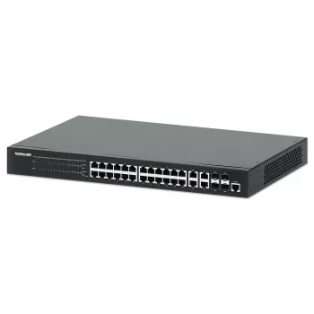 Intellinet 24-porttinen Gigabit Ethernet PoE+ Web-hallittava kytkin 4 Gigabit Combo Base-T/SFP-portilla, IEEE 802.3at/af Power over Ethernet (PoE+/PoE) -yhteensopiva, 370 W, Endspan, 19 tuuman rack-asennus