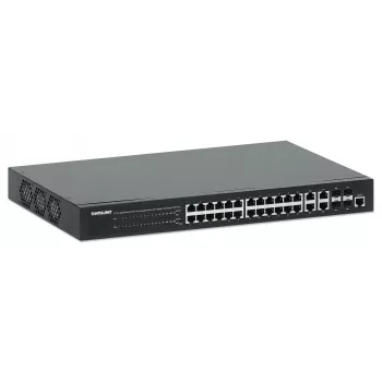 Intellinet 24-porttinen Gigabit Ethernet PoE+ Web-hallittava kytkin 4 Gigabit Combo Base-T/SFP-portilla, IEEE 802.3at/af Power over Ethernet (PoE+/PoE) -yhteensopiva, 370 W, Endspan, 19 tuuman rack-asennus