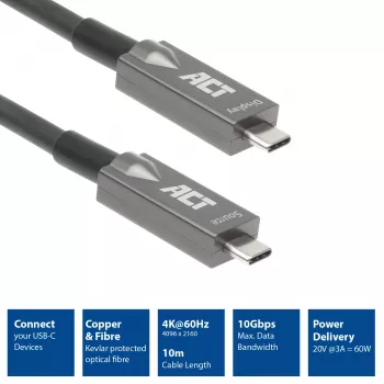 ACT USB-C 3.2 Gen2 aktiivinen optinen kaapeli 7,5m USB 3.2 Gen 2 10 Gbit/s
