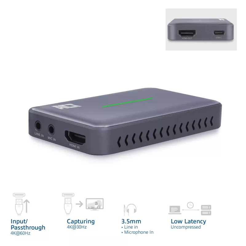 ACT USB-C -videokaappauskortti, HDMI 4K@60Hz läpivienti, 4K@30Hz tallennus