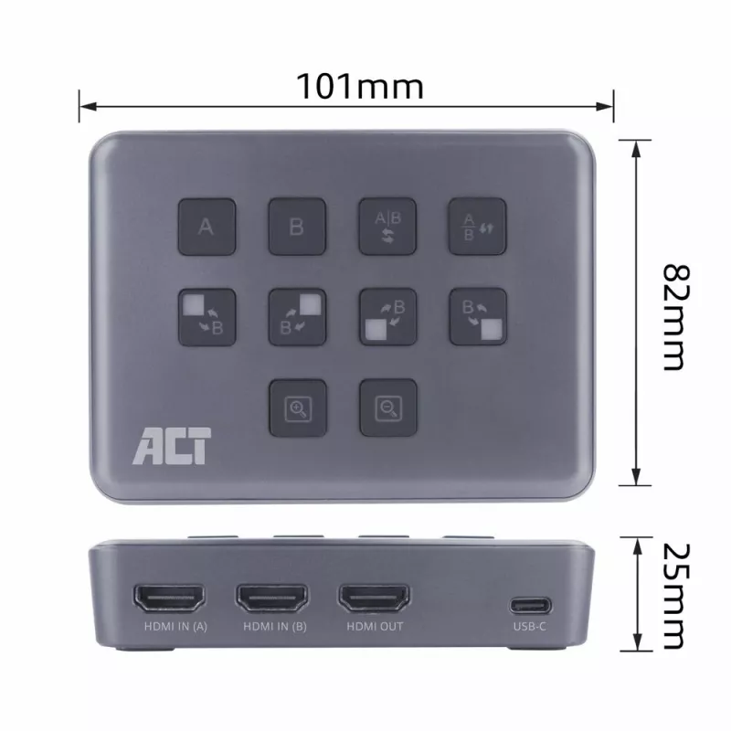 ACT Dual HDMI -tulo USB-C-videoswitch 60Hz harmaa