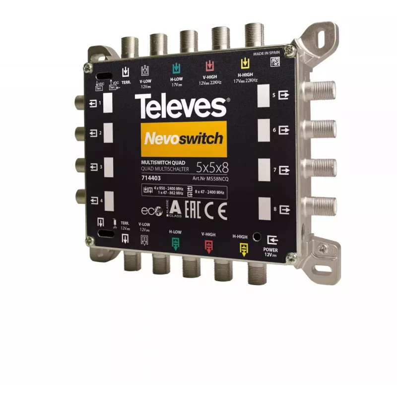 Televes MS58NCQ NEVO multikytkin, 5 tuloa, 8 lähtöä, Quad, kaskadoitava, verkkolaitteella