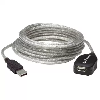 Manhattan USB-A - USB-A jatkokaapeli, 5 m, uros - naaras, aktiivinen, läpinäkyvä hopea, 480 Mbit/s (USB 2.0), ketjutettava, sisäänrakennettu toistin, Hi-Speed USB, kolmen vuoden takuu