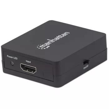 Manhattan HDMI-jakaja 2-portainen, 1080p, musta, jakaa HDMI-lähteen signaalin kahdelle HD-näytölle (sama signaali molemmille näytöille), USB-A-virtalähde (kaapeli mukana, 0,7 m), kolmen vuoden takuu