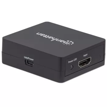 Manhattan HDMI-jakaja 2-portainen, 1080p, musta, jakaa HDMI-lähteen signaalin kahdelle HD-näytölle (sama signaali molemmille näytöille), USB-A-virtalähde (kaapeli mukana, 0,7 m), kolmen vuoden takuu