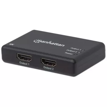 Manhattan HDMI-jakaja 2-porttinen, 4K@30Hz, jakaa yhden HDMI-lähteen lähdön kahdelle HD-näytölle (sama kuva molemmille), verkkovirta (kaapeli 0,9 m), musta, kolmen vuoden takuu