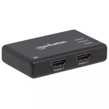 Manhattan HDMI-jakaja 2-porttinen, 4K@30Hz, jakaa yhden HDMI-lähteen lähdön kahdelle HD-näytölle (sama kuva molemmille), verkkovirta (kaapeli 0,9 m), musta, kolmen vuoden takuu