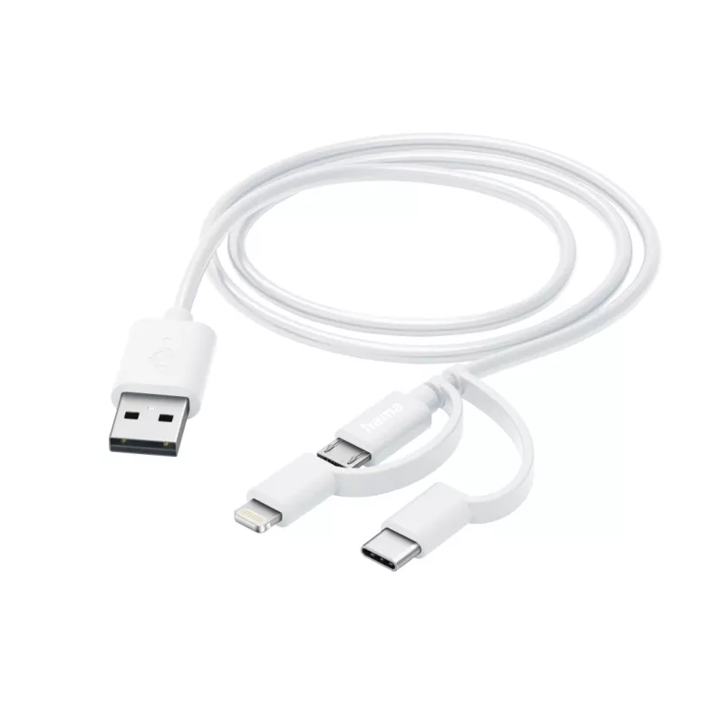 Hama 3-in-1-monilatauskaapeli, USB-A – Micro-USB, USB-C ja Lightning, 1,0 m, valkoinen