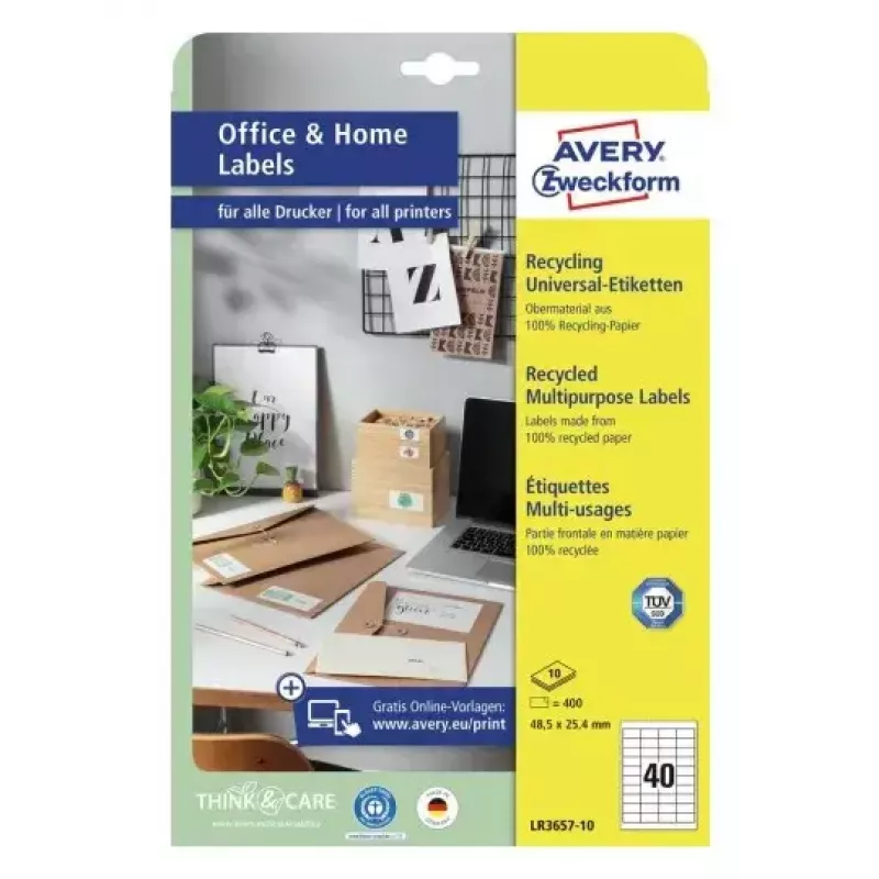 Itseliimautuva tulostustarra Avery LR3657-10 valkoinen 2,54x4,85 cm 400 kpl