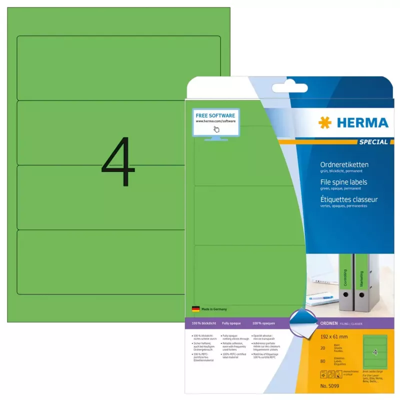 Arkistotarrat HERMA A4 192x61 mm vihreä paperi matta peittävä 80 kpl