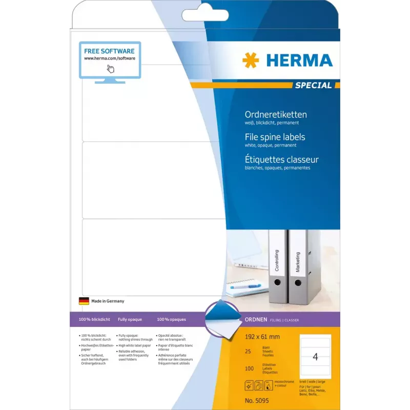 Arkistotarrat HERMA A4 192x61 mm valkoinen paperi matta peittävä 100 kpl