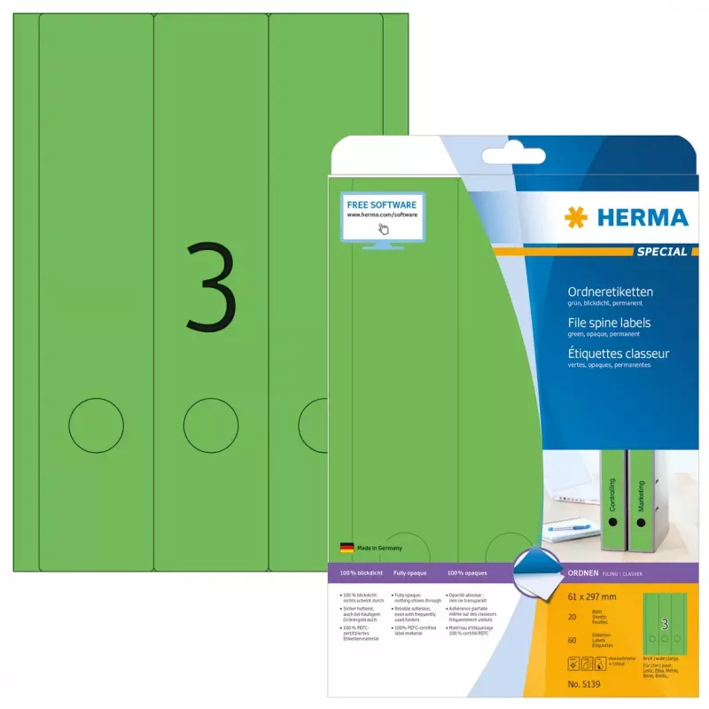Arkistotarrat HERMA A4 61x297 mm vihreä paperi matta peittävä 60 kpl