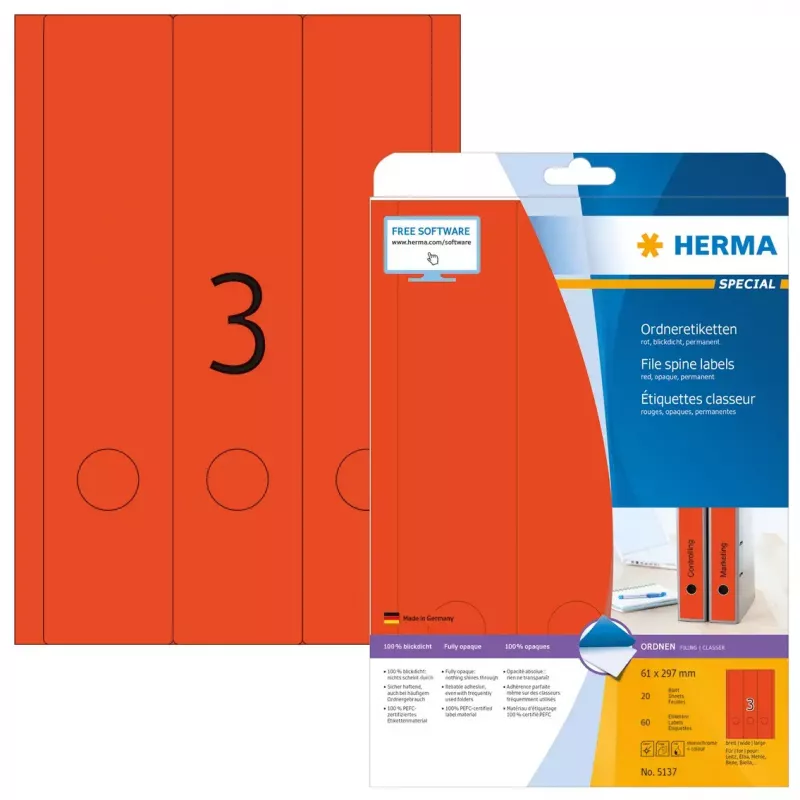 Arkistotarrat HERMA A4 61x297 mm punainen paperi matta peittävä 60 kpl