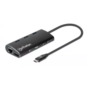 Manhattan USB-C telakka/keskitin kortinlukijalla, liitännät (x6): Ethernet, HDMI, USB-A (x3) ja USB-C, Power Delivery (100 W) USB-C-liitäntään (huom: erillinen USB-C verkkolaite ja USB-C kaapeli tarvitaan), yleispätevä kaikille laitteille, alumiini, vastaa DKT30CSDHPD3