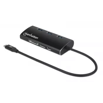 Manhattan USB-C telakka/keskitin kortinlukijalla, liitännät (x6): Ethernet, HDMI, USB-A (x3) ja USB-C, Power Delivery (100 W) USB-C-liitäntään (huom: erillinen USB-C verkkolaite ja USB-C kaapeli tarvitaan), yleispätevä kaikille laitteille, alumiini, vastaa DKT30CSDHPD3