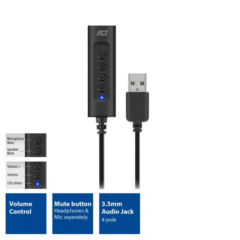 ACT AC9360 äänikortti USB 3,5 mm kuulokeliitäntä 4 painiketta
