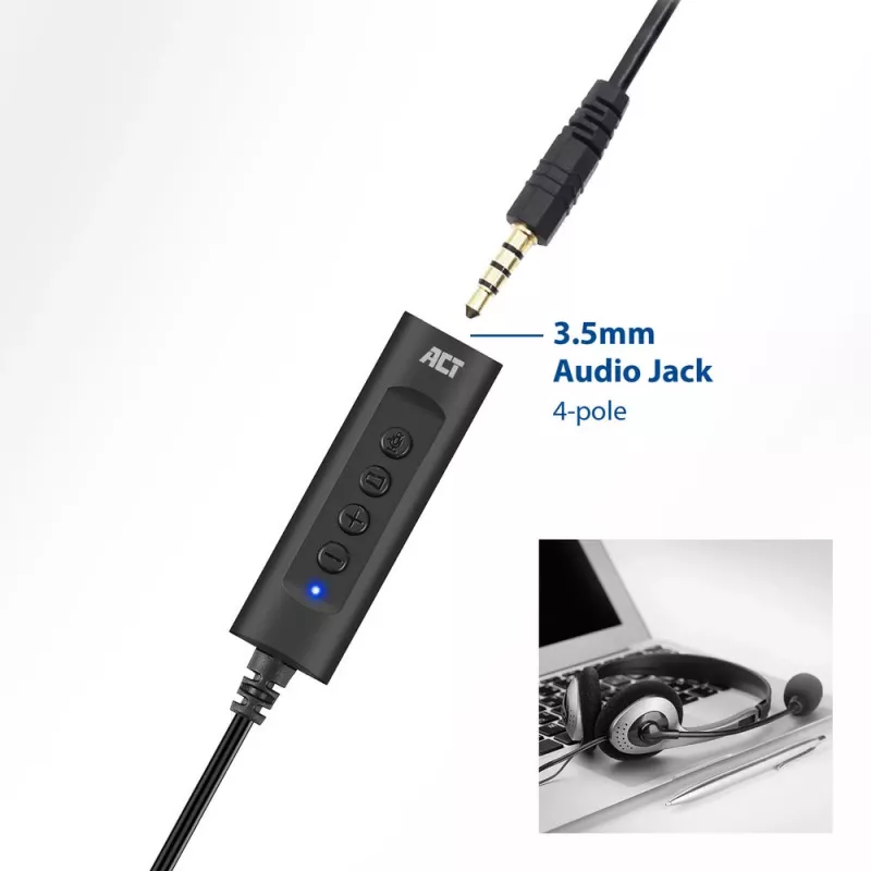 ACT AC9360 äänikortti USB 3,5 mm kuulokeliitäntä 4 painiketta