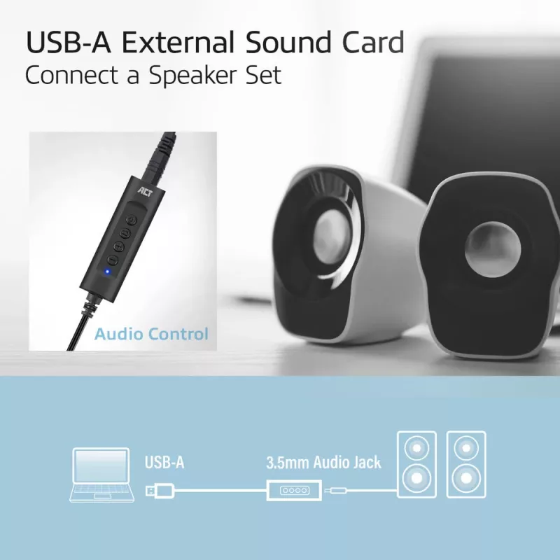 ACT AC9360 äänikortti USB 3,5 mm kuulokeliitäntä 4 painiketta