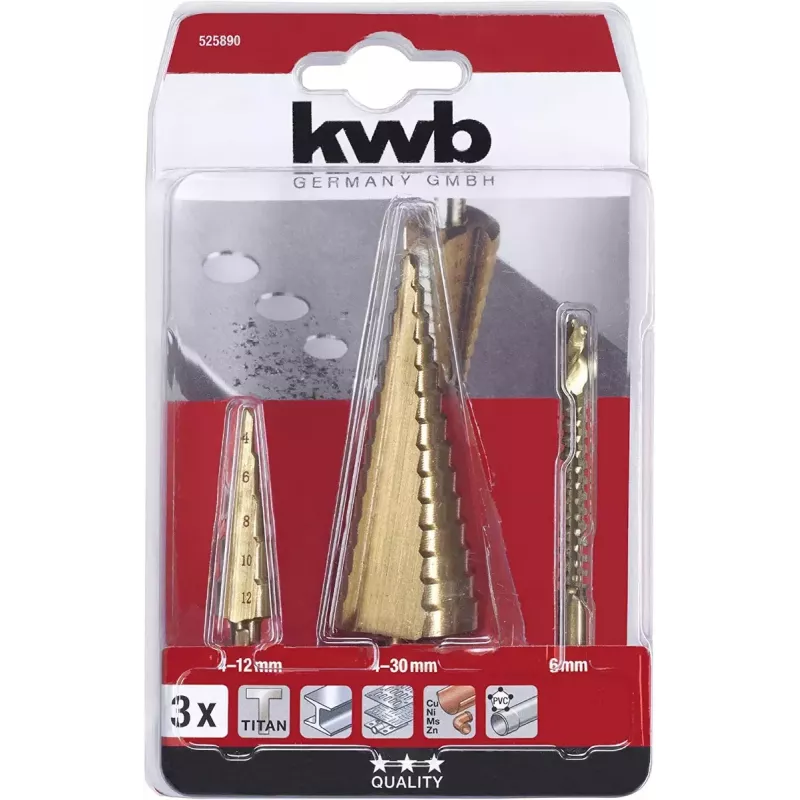kwb 525890 Porrasporasarja jyrsinporalla, 3 kpl, 4-12 mm / 4-30 mm / 6 mm, HSS TiN