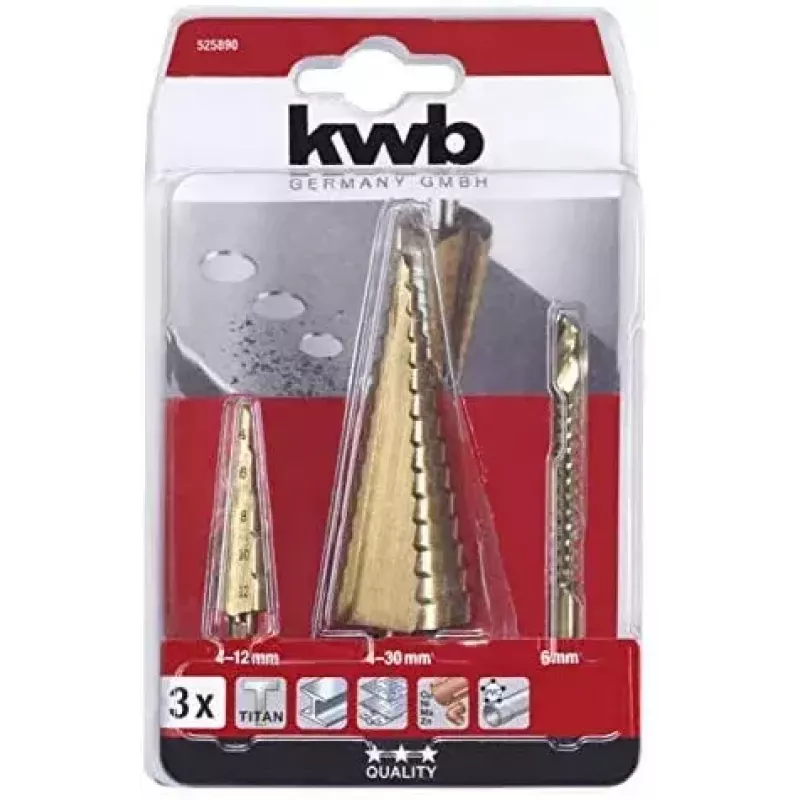 kwb 525890 Porrasporasarja jyrsinporalla, 3 kpl, 4-12 mm / 4-30 mm / 6 mm, HSS TiN