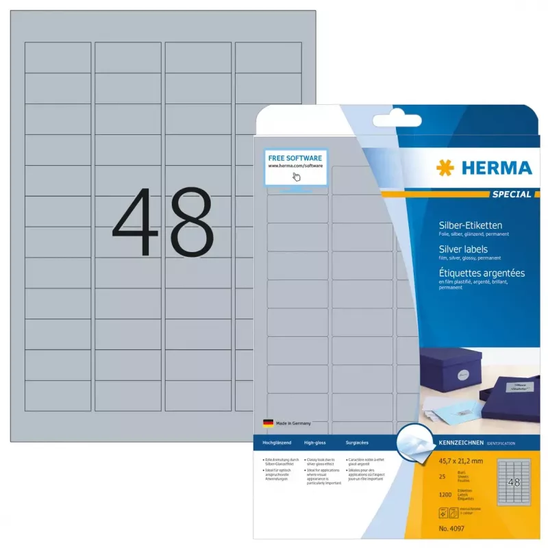 Itseliimautuvat tulostintarrat HERMA Labels A4 45,7x21,2 mm hopea kalvo kiiltävä