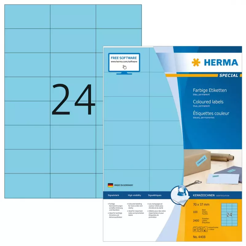 HERMA SuperPrint 4408 itsekiinnittyvät tarrat, 37 x 70 mm, 100 kpl, siniset