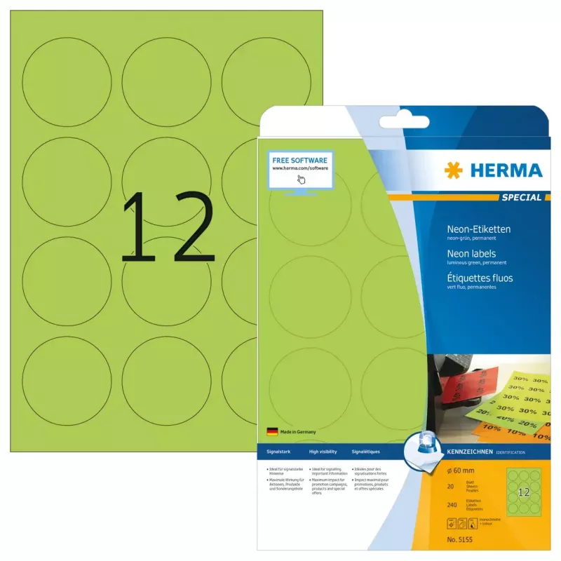 Itseliimautuvat tulostintarrat HERMA neon-tarrat A4 Ø 60 mm