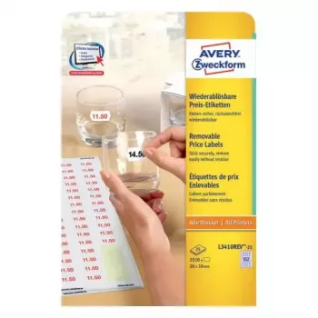 Itseliimautuvat tarrat AVERY L3410REV-25 irrotettava valkoinen 2550 kpl