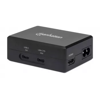 Manhattan Smart Video Multiport -telakka, liitännät (x5): HDMI-liitäntä, USB-A (x2), USB-C (x2), Power Delivery USB-C-liitäntään, sisäinen virtalähde, ultrakompakti, irrotettava virtajohto, musta, kolmen vuoden takuu, vähittäismyyntipakkaus