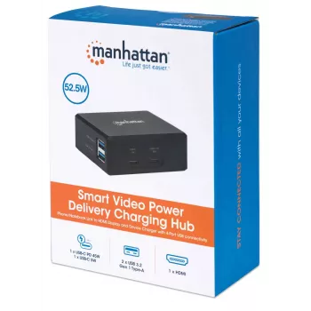 Manhattan Smart Video Multiport -telakka, liitännät (x5): HDMI-liitäntä, USB-A (x2), USB-C (x2), Power Delivery USB-C-liitäntään, sisäinen virtalähde, ultrakompakti, irrotettava virtajohto, musta, kolmen vuoden takuu, vähittäismyyntipakkaus