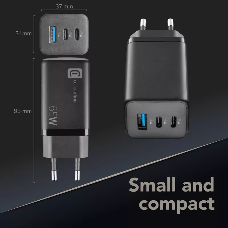 Cellularline Multipower Micro 65W ultrakompakti 65W-pikalaturi 3 liitännällä