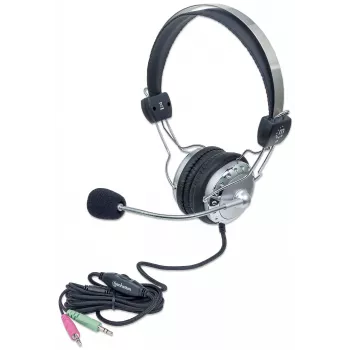 Manhattan stereo over-ear-headset (3,5 mm), pehmustettu mikrofonivarsi, säädettävä teräspanta, inline-äänenvoimakkuuden säätö, korvatyynyt, vakiona 2x 3,5 mm stereoliitin audio/mikrofonille, 2,5 m kaapeli, 3 vuoden takuu