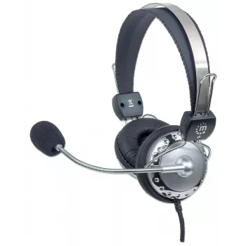 Manhattan stereo over-ear-headset (3,5 mm), pehmustettu mikrofonivarsi, säädettävä teräspanta, inline-äänenvoimakkuuden säätö, korvatyynyt, vakiona 2x 3,5 mm stereoliitin audio/mikrofonille, 2,5 m kaapeli, 3 vuoden takuu