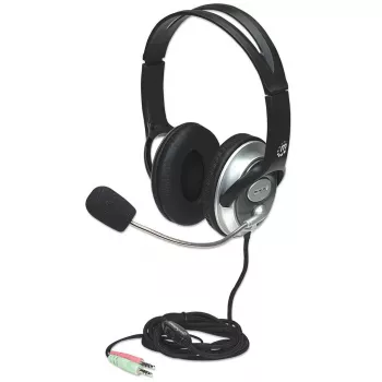 Manhattan stereo over-ear-headset (3,5 mm), mikrofonivarsi (pehmustettu), säädettävä teräspanta, kaukosäädin äänenvoimakkuuden säätöön, korvatyynyt, vakiona 2x 3,5 mm stereoliittimet audio/mikrofonille, kaapeli 2,5 m, 3 vuoden takuu