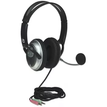 Manhattan stereo over-ear-headset (3,5 mm), mikrofonivarsi (pehmustettu), säädettävä teräspanta, kaukosäädin äänenvoimakkuuden säätöön, korvatyynyt, vakiona 2x 3,5 mm stereoliittimet audio/mikrofonille, kaapeli 2,5 m, 3 vuoden takuu