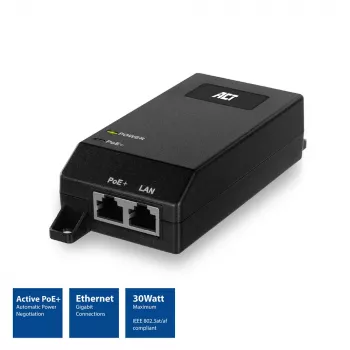 ACT Gigabit PoE+ (30W) injektori, Gigabit Ethernet, 10,100,1000 Mbit/s, IEEE 802.3, IEEE 802.3ab, IEEE 802.3af, IEEE 802.3at, IEEE 802.3u, musta, 30 V, 100 - 240 V